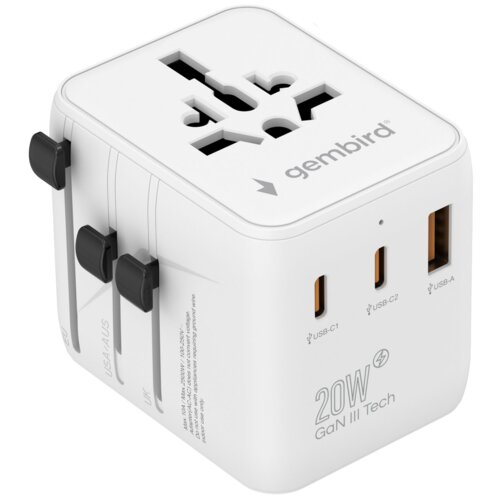 Biały adapter podróżny z logo "gembird" na górze, posiadający uniwersalne gniazdo oraz trzy porty: dwa USB-C i jeden USB-A, z oznaczeniami "USB-C1", "USB-C2" i "USB-A". Na boku widoczne są przesuwne przełączniki z oznaczeniami "USA/AUS", "UK" oraz napis "