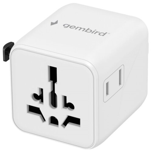 Biały adapter podróżny z wieloma otworami na wtyczki, z widocznym logo "gembird" na górnej powierzchni. Adapter ma zaokrąglone krawędzie i boczne gniazda USB.