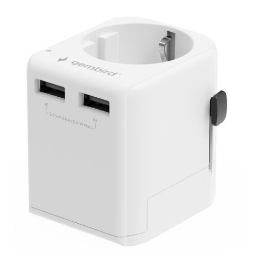 Biały adapter podróżny z dwoma portami USB oznaczonymi jako A1 i A2, z napisem "gembird" na górze. Obok portów widnieje informacja: "5.0 V == 2.4 A (12.0 W Max.)".