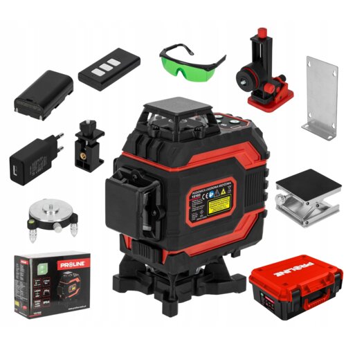 Na zdjęciu znajduje się poziomica laserowa w kolorze czarno-czerwonym z napisem "POZIOMICA LASEROWA 4x360°/4V4H", otoczona różnymi akcesoriami, takimi jak okulary ochronne, ładowarka, uchwyty montażowe oraz walizka z logo "PROLINE". W dolnej części widoczne jest opakowanie z napisem "PROLINE" oraz adresem strony internetowej "www.proline.com.pl".