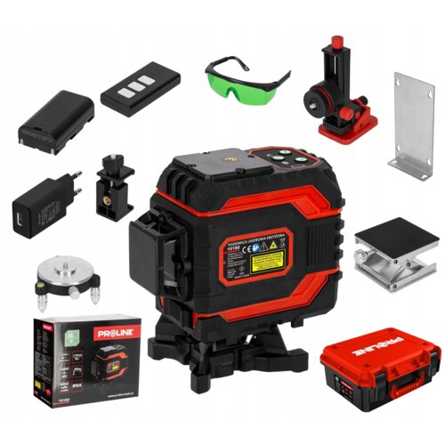 Na zdjęciu znajduje się poziomica laserowa z akcesoriami, w tym okulary ochronne, ładowarka, uchwyty montażowe i walizka. Na poziomicy widoczny jest tekst: "POZIOMICA LASEROWA KRZYŻOWA 15192", a na pudełku i walizce logo "PROLINE".