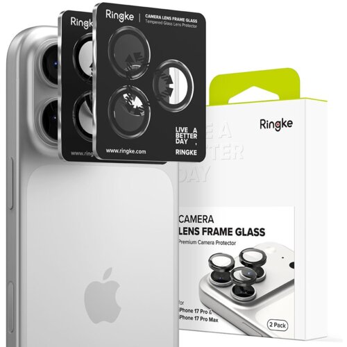 Na zdjęciu widoczny jest telefon z trzema obiektywami aparatu oraz dwa czarne szkła ochronne na obiektyw z napisem "Ringke Camera Lens Frame Glass Tempered Glass Lens Protector". W tle znajduje się opakowanie z napisem "Ringke Camera Lens Frame Glass Prem