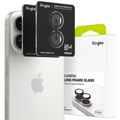 Na zdjęciu widoczny jest telefon z dwoma dużymi obiektywami aparatu, obok którego znajdują się dwie czarne nakładki na obiektyw z napisem "Ringke CAMERA LENS FRAME GLASS Tempered Glass Lens Protector" oraz "LIVE A BETTER DAY, RINGKE www.ringke.com". W tle