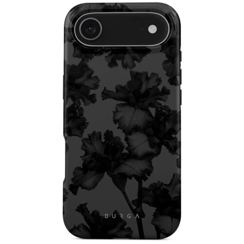 Etui na telefon z ciemnym, kwiatowym wzorem, na którym widoczne jest logo "BURGA" u dołu. W górnej części znajduje się wycięcie na aparat i lampę błyskową.
