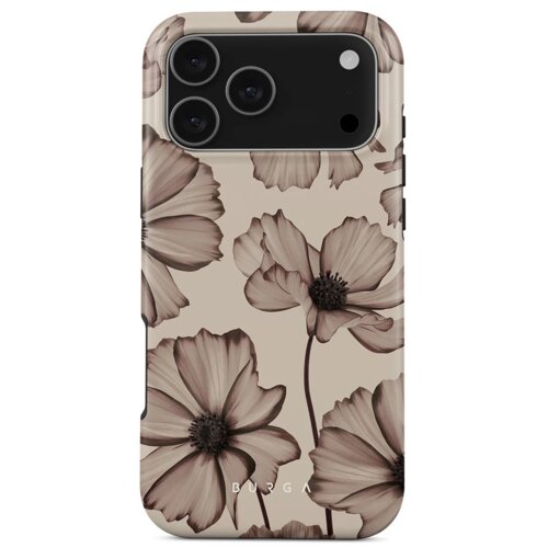 Etui na telefon z wzorem dużych, stylizowanych kwiatów w odcieniach beżu i brązu, z widocznym logo "BURGA" na dole. W górnej części etui znajdują się wycięcia na trzy obiektywy aparatu i lampę błyskową.