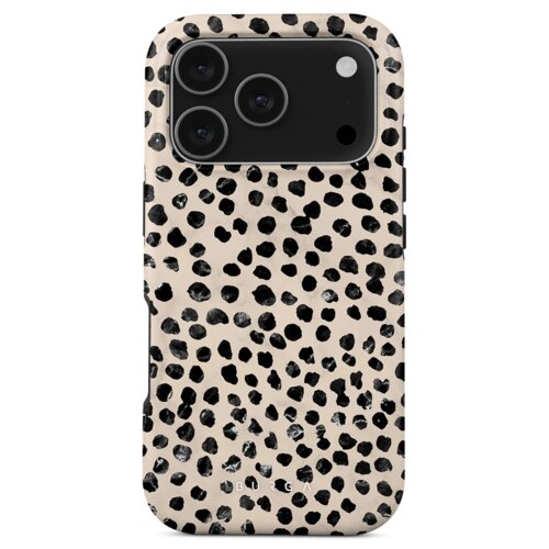 Etui na telefon z wzorem w czarne, nieregularne kropki na beżowym tle, z wycięciem na aparat. Na dole widoczny jest napis "BURGA".