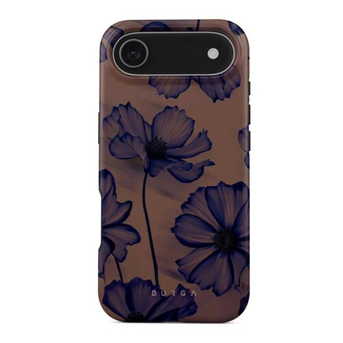 Etui na telefon z ciemnym, kwiatowym wzorem w odcieniach fioletu i granatu, z widocznym logo "BURGA" na dole. W górnej części znajduje się wycięcie na aparat z dwoma otworami.