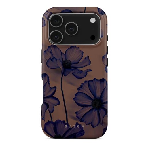 Etui na telefon z ciemnym, kwiatowym wzorem w odcieniach fioletu i czerni, z trzema dużymi obiektywami aparatu oraz napisem "BURGA" na dole. Tło etui jest w kolorze brązowym, a kwiaty mają delikatne, ciemne kontury.