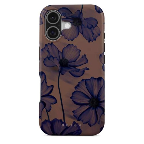 Etui na telefon z ciemnym, kwiatowym wzorem w odcieniach fioletu i brązu, z widocznym logo "BURGA" na dole. W górnej części etui znajdują się wycięcia na dwa obiektywy aparatu i lampę błyskową.