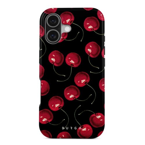 Etui na telefon z czarnym tłem ozdobione wzorem czerwonych wiśni z zielonymi ogonkami, na dole widoczny jest biały napis "BURGA".