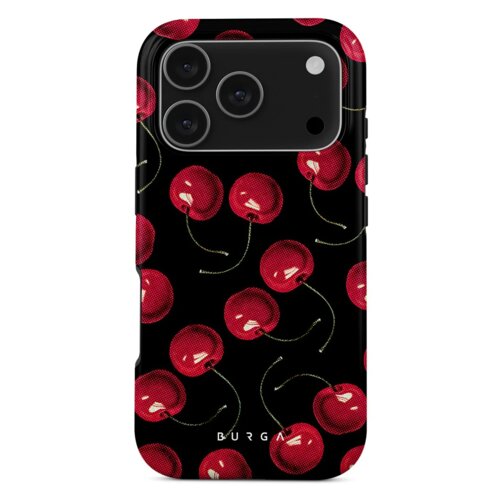 Etui na telefon z czarnym tłem ozdobione wzorem czerwonych wiśni z zielonymi ogonkami, w dolnej części widoczny jest napis "BURGA".