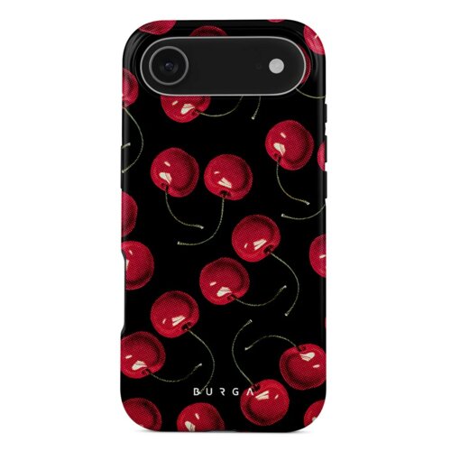 Czarne etui na telefon z wzorem czerwonych wiśni z zielonymi ogonkami, na dole widoczny jest biały napis "BURGA".