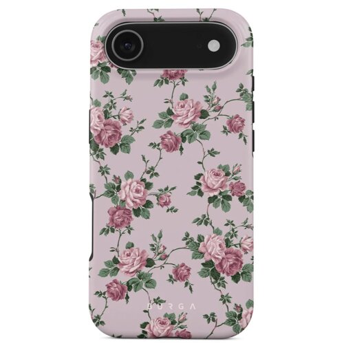 Etui na telefon z wzorem różowych róż i zielonych liści na jasnoróżowym tle, z widocznym logo "BURGA" u dołu. W górnej części znajduje się wycięcie na aparat i lampę błyskową.