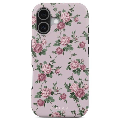 Etui na telefon z wzorem różowych róż i zielonych liści na jasnoróżowym tle, z widocznym logo "BURGA" u dołu. W górnej części etui znajdują się dwa otwory na aparaty oraz mniejszy na lampę błyskową.