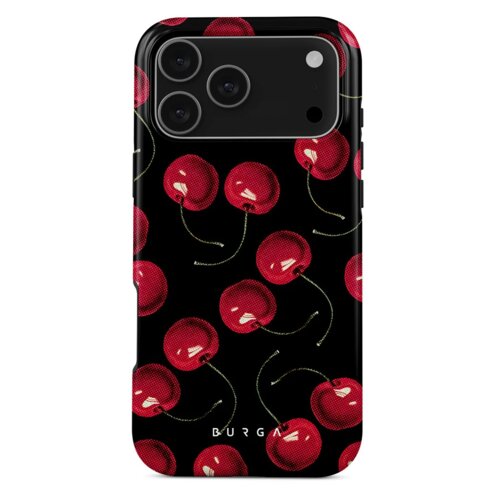 Etui na telefon z czarnym tłem ozdobione wzorem czerwonych wiśni z zielonymi ogonkami, w dolnej części widoczne jest białe logo "BURGA".