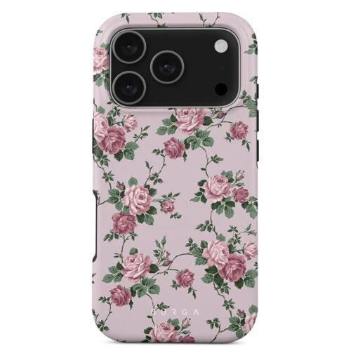 Etui na telefon z wzorem różowych róż i zielonych liści na jasnoróżowym tle, z widocznym logo "BURGA" na dole.