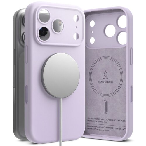 Jasnofioletowe etui na telefon z okrągłym, magnetycznym elementem MagSafe, widoczne z przodu i z tyłu. Wewnątrz etui znajduje się napis: "LIQUID SILICONE + POLYCARBONATE + SUEDE = RINGKE SILICONE Case, QUALITY + DETAIL + GOOD PRICE = BETTER DAY, RINGKE / 