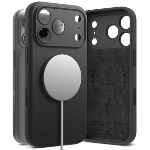 Czarne etui na telefon z okrągłym, srebrnym elementem magnetycznym na tylnej stronie, widoczne są wycięcia na aparat i przyciski. Wewnątrz etui znajduje się napis "LIQUID SILICONE" oraz symbol kropli wody.