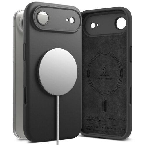 Czarne etui na telefon z okrągłym, srebrnym elementem magnetycznym oraz widocznym napisem "LIQUID SILICONE" wewnątrz. Na wewnętrznej stronie etui znajduje się logo w kształcie kropli oraz tekst: "LIQUID SILICONE + POLYCARBONATE + SUEDE RINGKE SILICONE CAS