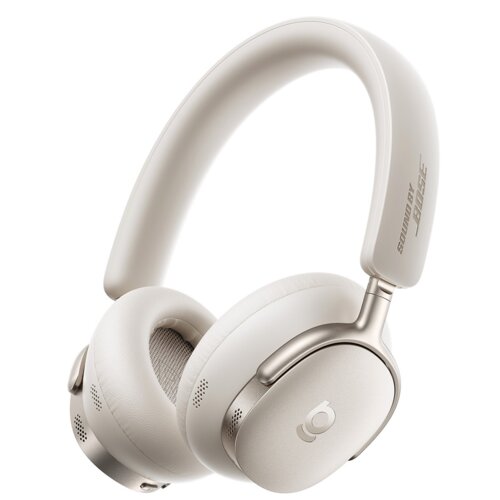 Na zdjęciu znajdują się białe słuchawki nauszne z widocznym napisem "SOUND BY BOSE" na pałąku. Słuchawki mają miękkie nauszniki i metaliczne elementy konstrukcji.