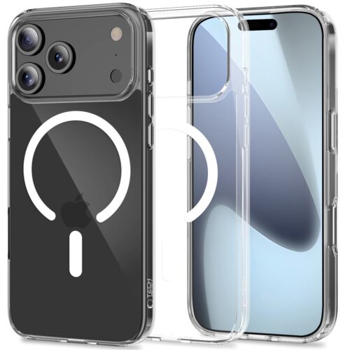 Przezroczyste etui TECH-PROTECT Flexair Hybrid MagSafe do Apple iPhone 17 Pro, z widocznym okrągłym wzorem MagSafe na tylnej części. Na etui znajduje się napis "TECH-PROTECT".