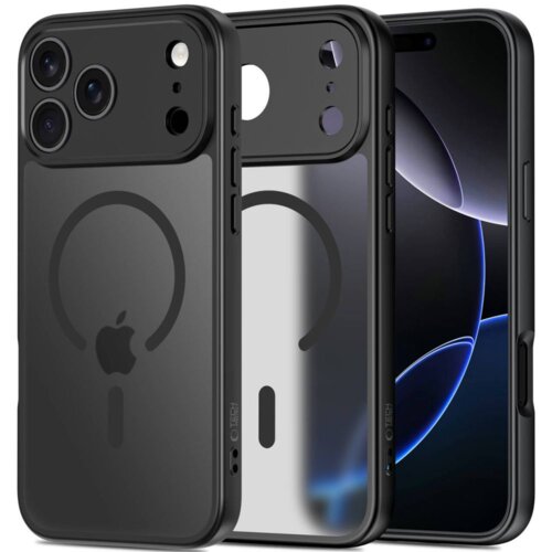 Na zdjęciu widoczne jest czarne, matowe etui TECH-PROTECT BasicMag MagSafe do Apple iPhone 17 Pro Max, z wycięciami na aparat i logo w kształcie okręgu. Etui prezentowane jest z przodu i z tyłu, ukazując jego konstrukcję i detale.