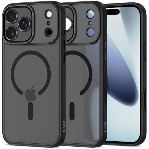 Czarne matowe etui TECH-PROTECT MagCam MagSafe do Apple iPhone 17 Pro Max, z widocznym logo producenta na dolnej części. Etui posiada wycięcia na aparat i przyciski, a na tylnej części znajduje się symbol MagSafe.