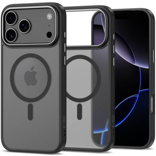 Czarno-szare etui TECH-PROTECT MagEdge MagSafe do Apple iPhone 17 Pro, z widocznym okrągłym wzorem na tylnej części, prezentowane jest z przodu i z tyłu. Na etui znajduje się logo w kształcie jabłka oraz napis "TECH-PROTECT" na boku.