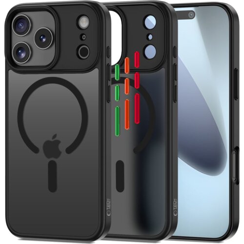 Czarne matowe etui TECH-PROTECT MagMat XT 4-Set MagSafe do Apple iPhone 17 Pro, z widocznym logo w kształcie koła i jabłka oraz kolorowymi elementami dekoracyjnymi. Na etui znajduje się napis "TECH-PROTECT".