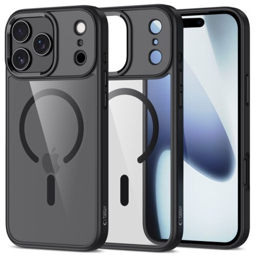 Na zdjęciu widoczne są dwa etui na telefon oraz telefon z wyświetlaczem, wszystkie w kolorze czarno-przezroczystym. Na etui znajduje się logo w kształcie koła z pionową kreską oraz napis "TECH-PROTECT".