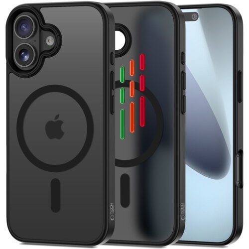 Na zdjęciu widoczne są trzy czarne, matowe etui na telefon z okrągłym wzorem i pionowym paskiem, jedno z nich ma kolorowe elementy w postaci pionowych kresek. Na etui znajduje się logo w kształcie jabłka oraz napis "TECH-PROTECT".