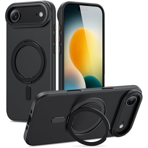 Czarne matowe etui TECH-PROTECT MagRing MagSafe do Apple iPhone Air jest przedstawione w trzech różnych ujęciach, ukazując jego okrągły uchwyt i wycięcia na aparat oraz przyciski. Produkt ma minimalistyczny design z widocznymi detalami konstrukcyjnymi.