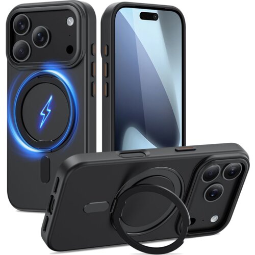 Na zdjęciu widoczne jest czarne, matowe etui TECH-PROTECT MagRing MagSafe do Apple iPhone 17 Pro Max, z trzema aparatami i okrągłym wzorem z błyskawicą na tylnej części. Etui posiada wycięcia na przyciski i porty oraz pierścień MagSafe.