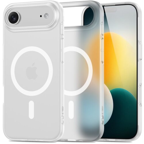 Przezroczysto-matowe etui TECH-PROTECT MagSlim MagSafe do Apple iPhone Air jest pokazane z przodu i z tyłu, z widocznym okrągłym wzorem MagSafe. Na etui znajduje się logo Apple.