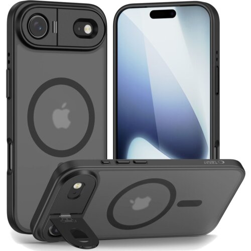 Na zdjęciu widoczne jest czarne matowe etui TECH-PROTECT MagStand MagSafe do Apple iPhone, z okrągłym wzorem na tylnej części oraz wycięciami na aparat i przyciski. Na ekranie telefonu w etui widoczny jest abstrakcyjny, niebiesko-biały wzór.