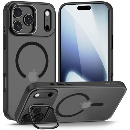 Czarne matowe etui TECH-PROTECT MagStand MagSafe do Apple iPhone 17 Pro Max, z widocznym okrągłym wzorem MagSafe i logo Apple. Etui prezentowane jest z różnych perspektyw, ukazując otwory na aparat i przyciski.