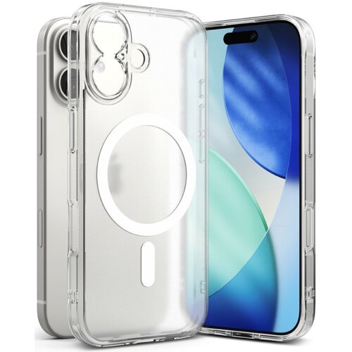 Przezroczyste, matowe etui z białym okręgiem MagSafe jest nałożone na smartfon, którego ekran wyświetla abstrakcyjne, niebiesko-zielone wzory. Etui posiada wycięcia na aparat i przyciski boczne.