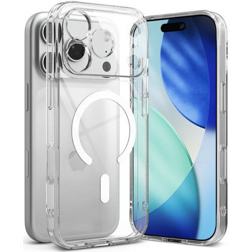 Przezroczyste etui RINGKE Fusion Bold Magnetic MagSafe do Apple iPhone 17 Pro jest pokazane na tle telefonu, z widocznym okrągłym wzorem MagSafe. Obok etui znajduje się telefon z wyświetlaczem pokazującym abstrakcyjną grafikę w odcieniach niebieskiego i z