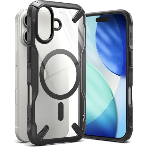 Przezroczysto-czarne etui na telefon z widocznym okrągłym wzorem na środku, zaprojektowane do współpracy z MagSafe, jest pokazane obok smartfona z kolorowym ekranem. Etui ma wzmocnione narożniki i wycięcia na przyciski oraz aparat.