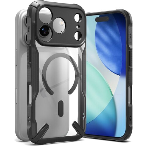 Przezroczysto-czarne etui RINGKE Fusion X Magnetic MagSafe do Apple iPhone 17 Pro Max, ukazujące solidną ramkę z wycięciami na aparat i przyciski. Na etui widoczny jest okrągły wzór, sugerujący kompatybilność z MagSafe.