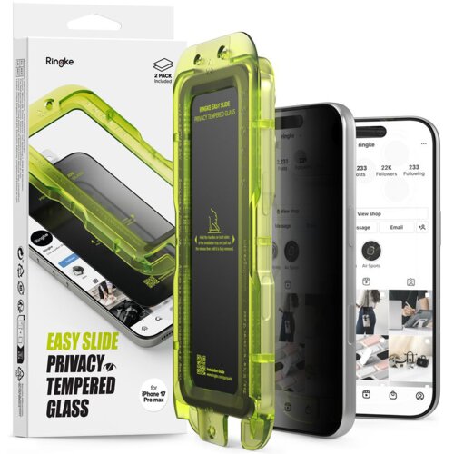Opakowanie produktu z napisem "Ringke Easy Slide Privacy Tempered Glass for iPhone 17 Pro Max" oraz widoczne dwa szkła ochronne, jedno w przezroczystej, zielonej ramce. Na opakowaniu znajduje się również napis "2 Pack included" oraz ilustracja telefonu z 