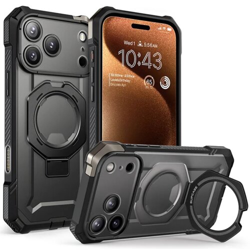 Czarne etui SUPCASE UB Grip Mag MagSafe do Apple iPhone 17 Pro Max z widocznym okrągłym uchwytem na tylnej części, obok którego znajduje się telefon z wyświetlaczem pokazującym godzinę 10:43 i datę "Wed 1" oraz dodatkowe informacje o pogodzie i wydarzenia