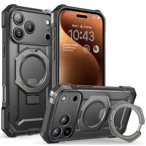 Na zdjęciu widoczne jest szare etui ochronne z okrągłym uchwytem, przeznaczone do telefonu Apple iPhone 17 Pro Max. Na ekranie telefonu wyświetlana jest godzina 10:43 oraz data "Wed 1", a także ikony pogody i powiadomień.