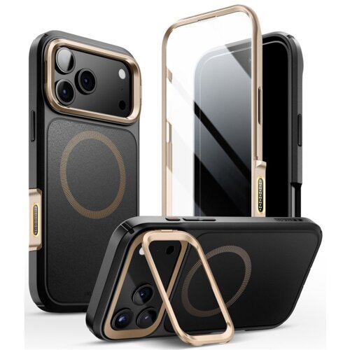 Na zdjęciu widoczne jest etui SUPCASE Iblsn Ares Flip Mag Magsafe do Apple iPhone 17 Pro w kolorze złotym, przedstawione w kilku ujęciach, ukazujące zarówno przód, jak i tył produktu. Etui ma złote akcenty wokół obiektywów aparatu oraz na krawędziach, a n