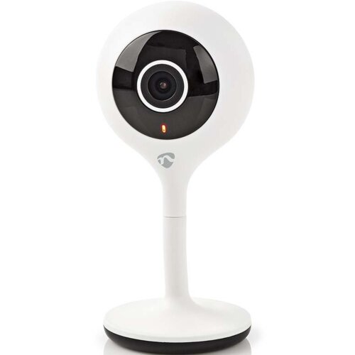 Biała kamera wewnętrzna o nowoczesnym designie, z okrągłym obiektywem umieszczonym centralnie na czarnej powierzchni. Na obudowie widoczne jest logo producenta.