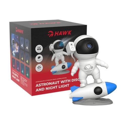 Pudełko z produktem zawiera grafikę przedstawiającą astronautę stojącego na rakiecie, a obok znajduje się napis "HAWK" oraz "ASTRONAUT WITH DISC AND NIGHT LIGHT". Na opakowaniu widoczne są także ikony z napisami "4K", "360°" oraz "COLOURFUL NIGHT LAMP".