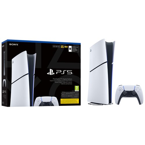 Na zdjęciu znajduje się konsola w białym kolorze z czarnymi akcentami oraz kontroler, a obok widoczny jest czarny karton z logo "SONY" i napisem "PS5 PlayStation 5 Digital Edition". Na opakowaniu znajdują się także oznaczenia "825GB/175", "4K 120fps", "HD
