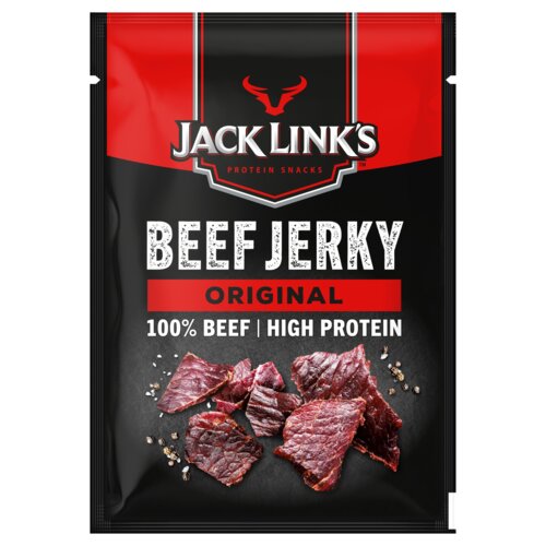 Czarna paczka z czerwonymi akcentami zawiera suszoną wołowinę, na której widnieje logo "Jack Link's" oraz napisy: "Beef Jerky Original", "100% Beef", "High Protein". Na dole opakowania znajdują się kawałki suszonej wołowiny oraz ziarenka pieprzu.