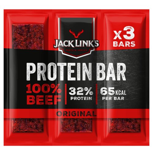 Opakowanie produktu z trzema batonami proteinowymi marki Jack Link's, z widocznymi napisami: "100% BEEF", "32% PROTEIN", "65 KCAL PER BAR", "ORIGINAL" oraz "x3 BARS". Na górze opakowania znajduje się logo Jack Link's z wizerunkiem byka.