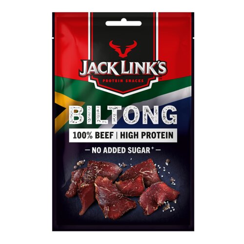 Opakowanie suszonej wołowiny marki Jack Link's z napisem "BILTONG" oraz informacjami "100% BEEF | HIGH PROTEIN" i "NO ADDED SUGAR". Na dole widoczne są kawałki suszonego mięsa na ciemnym tle.